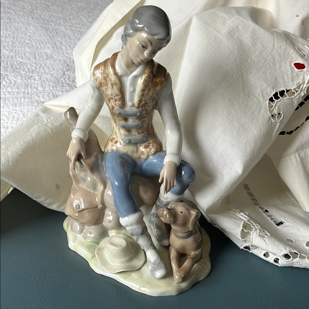 Tengra Porcelain Figurine Man with Dog - Blue and Brown